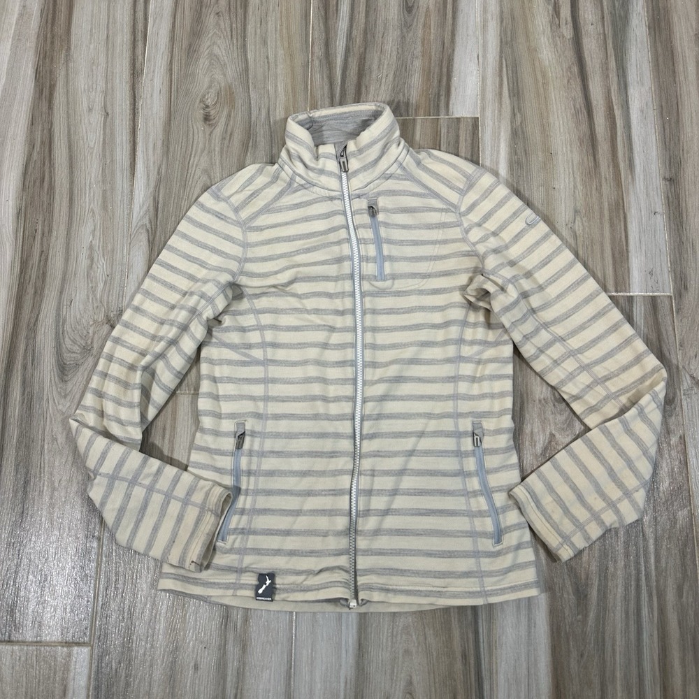 ICEBREAKER Beige Striped Merino Wool Full Zip Jacket SZ S Outdoor Hiking Casual